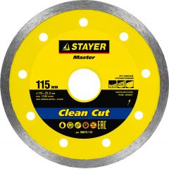 Купить STAYER Clean Cut 115 мм, диск алмазный отрезной сплошной по керамограниту, плитке, мрамору, граниту  в интернет-магазине СМЭК