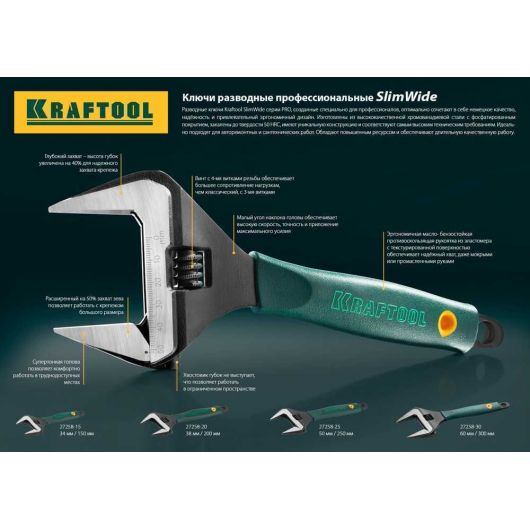 Разводной ключ KRAFTOOL SlimWide 250 / 50 мм 27258-25, изображение 2 • Купить по низкой цене в интернет-магазине СМЭК