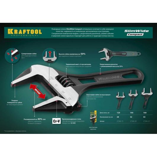 Разводной ключ  KRAFTOOL SlimWide Compact 140 / 33 мм 27266-20, изображение 3 • Купить по низкой цене в интернет-магазине СМЭК
