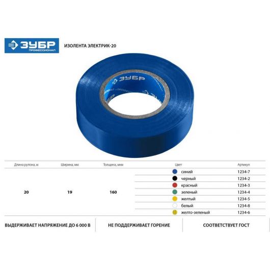 Изоляционная лента пвх ЗУБР Профессионал Электрик-20 15 мм х 20 м синяя 1234-7, изображение 4 • Купить по низкой цене в интернет-магазине СМЭК