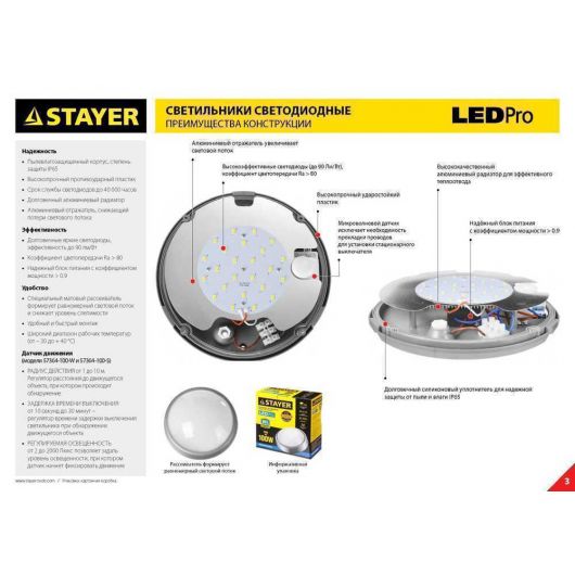 Светодиодный светильник влагозащищенный STAYER PROLight 7(60 Вт) металлик IP65 57362-60-S, изображение 4 • Купить по низкой цене в интернет-магазине СМЭК