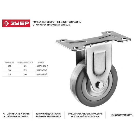 Неповоротное колесо ЗУБР резина/полипропилен d=50 мм г/п 35 кг 30956-50-F, изображение 5 • Купить по низкой цене в интернет-магазине СМЭК