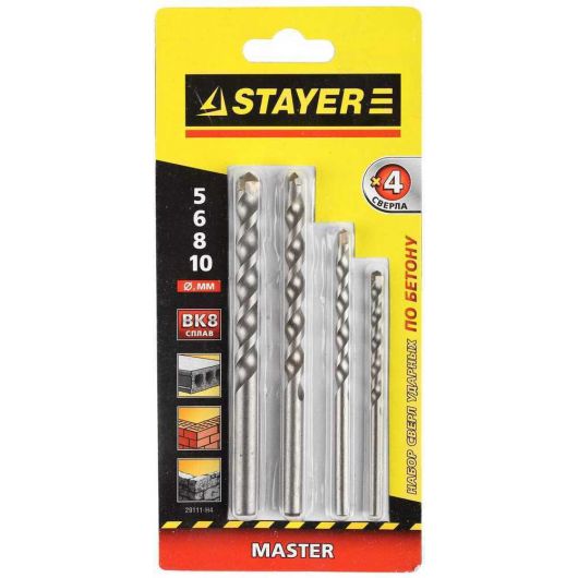 STAYER MAXHammer 4 шт: d  5-6-8-10 мм набор сверл по бетону MASTER, 29111-H4, изображение 2 • Купить по низкой цене в интернет-магазине СМЭК