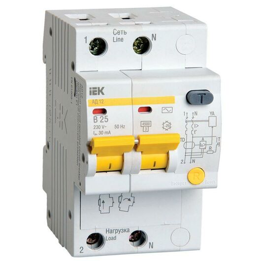 Выключатель автоматический дифференциального тока 2п B 25А 30мА тип AC 4.5кА АД-12 IEK MAD10-2-025-B • Купить по низкой цене в интернет-магазине СМЭК