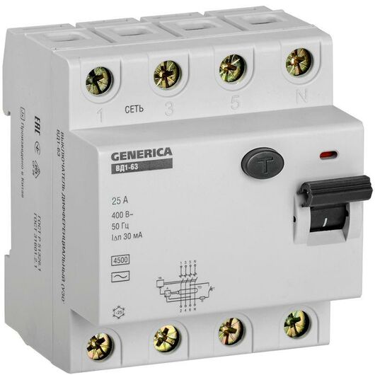 Выключатель дифференциального тока (УЗО) 4п 25А 30мА тип AC ВД1-63 GENERICA IEK MDV15-4-025-030 • Купить по низкой цене в интернет-магазине СМЭК