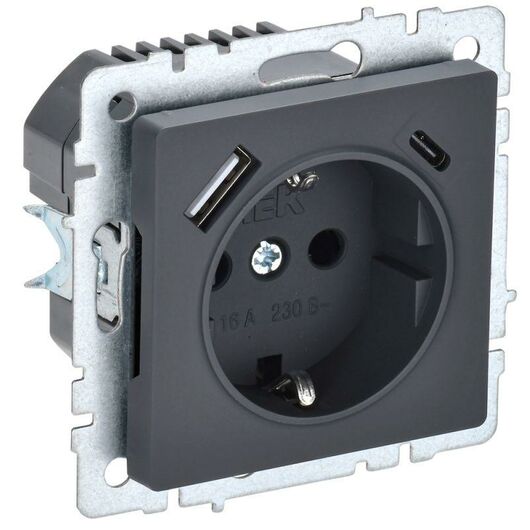 Розетка BRITE РЮш11-1-БрГ 16А с USB A+C 18Вт с заземл. защ. шторки графит IEK BR-R14-16-U22-018-K53 • Купить по низкой цене в интернет-магазине СМЭК