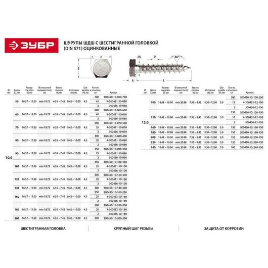 Шурупы ШДШ с шестигранной головкой (DIN 571), 180 х 10 мм, 1 шт, ЗУБР, изображение 2 • Купить по низкой цене в интернет-магазине СМЭК