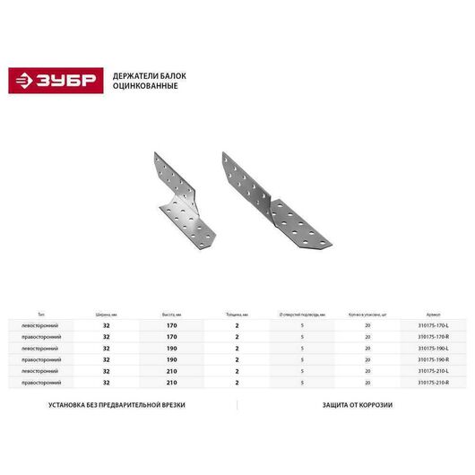 Крепление для стропил правостороннее ЗУБР КС-2.0 32х190 х 2 мм 20 шт. 310175-190-R, изображение 3 • Купить по низкой цене в интернет-магазине СМЭК
