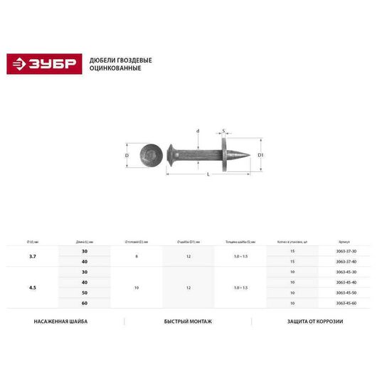 Гвоздевой дюбель ЗУБР 30 x 3.7 мм 15 шт. 3063-37-30, изображение 2 • Купить по низкой цене в интернет-магазине СМЭК