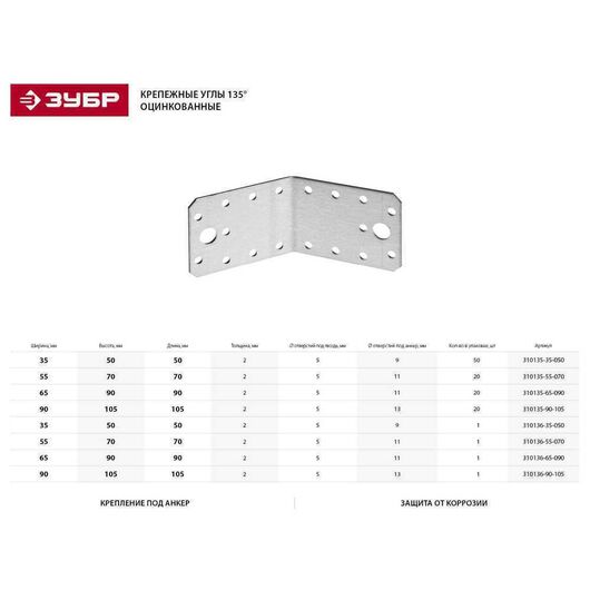 Крепежный уголок 135град ЗУБР УК-135-2.0 35х50х50 х 2 мм 310136-35-050, изображение 4 • Купить по низкой цене в интернет-магазине СМЭК
