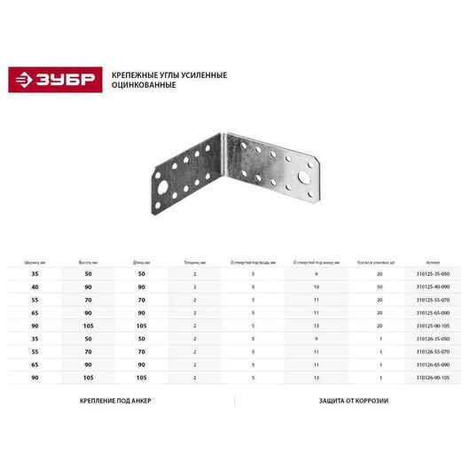 Крепежный уголок ЗУБР УК-2.0 65х90х90 х 2 мм 310126-65-090, изображение 5 • Купить по низкой цене в интернет-магазине СМЭК