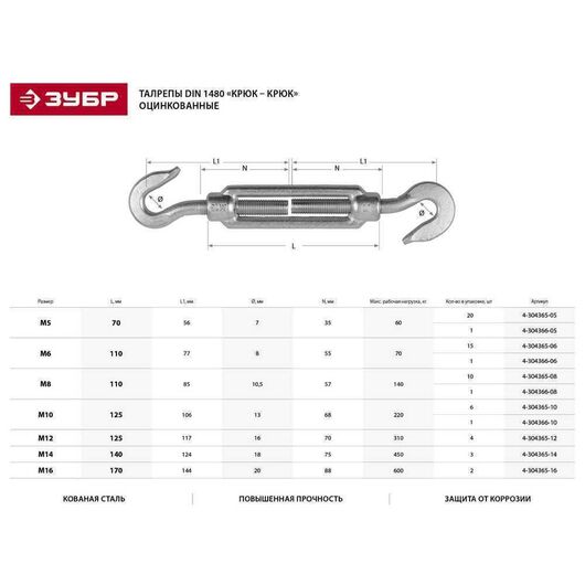 Талреп крюк-крюк ЗУБР Профессионал DIN 1480 кованая натяжная муфта М5 20 шт. 4-304365-05, изображение 3 • Купить по низкой цене в интернет-магазине СМЭК