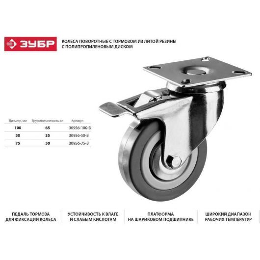 Поворотное колесо с тормозом ЗУБР резина/полипропилен d=100 мм г/п 65 кг 30956-100-B, изображение 5 • Купить по низкой цене в интернет-магазине СМЭК