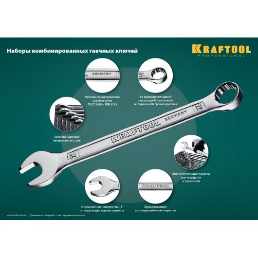 Набор комбинированных гаечных ключей KRAFTOOL 12 шт 6 - 22 мм 27079-H12, изображение 3 • Купить по низкой цене в интернет-магазине СМЭК