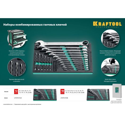 Набор комбинированных гаечных ключей KRAFTOOL 12 шт 6 - 22 мм 27079-H12, изображение 4 • Купить по низкой цене в интернет-магазине СМЭК
