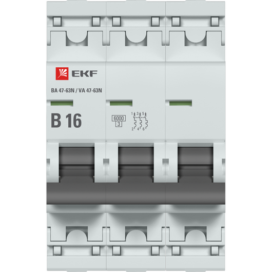 Выключатель автоматический модульный 3п B 16А 6кА ВА 47-63N PROxima EKF M636316B, изображение 2 • Купить по низкой цене в интернет-магазине СМЭК