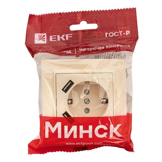 Розетка 1-м СП Минск 16А IP20 с заземл. защ. шторки с 2-мя заряд. устройствами USB 2.1А беж. EKF ERR16-028-200-2USB • Купить по низкой цене в интернет-магазине СМЭК