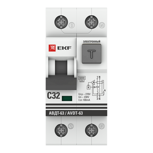Выключатель автоматический дифференциального тока 2п C 32А 100мА тип A 6кА АВДТ-63 2мод. электрон. PROxima EKF DA63-32-100e, изображение 3 • Купить по низкой цене в интернет-магазине СМЭК