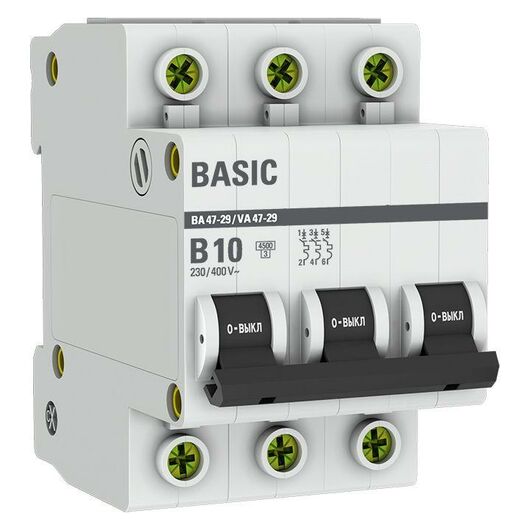 Выключатель автоматический модульный 3п B 10А 4.5кА ВА 47-29 Basic EKF mcb4729-3-10-B, изображение 3 • Купить по низкой цене в интернет-магазине СМЭК