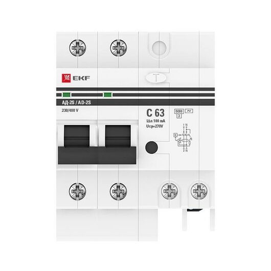 Выключатель автоматический дифференциального тока C 63А 100мА тип AC 6кА АД-2 S  (электрон.) защита 270В PROxima EKF DA2-6-63-100S-pro • Купить по низкой цене в интернет-магазине СМЭК