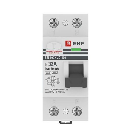 Выключатель дифференциального тока (УЗО) 2п 32А 30мА тип AC 6кА ВД-100 электромех. PROxima EKF elcb-2-6-32-30-em-pro • Купить по низкой цене в интернет-магазине СМЭК