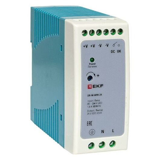 Блок питания на DIN-рейку 60Вт 220В AC/24В DC постоянного тока EKF DR-M-60W-24, изображение 8 • Купить по низкой цене в интернет-магазине СМЭК